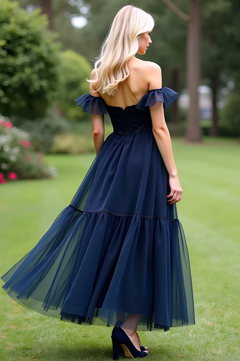 A Line Tulle Navy Sweetheart Off the Shoulder Formal Dress