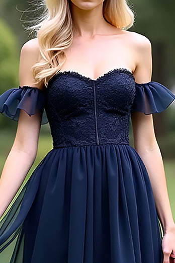 A Line Tulle Navy Sweetheart Off the Shoulder Formal Dress