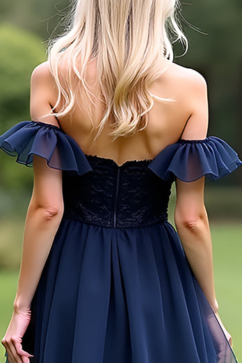 A Line Tulle Navy Sweetheart Off the Shoulder Formal Dress