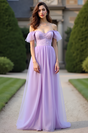 Lilac Lace Off the Shoulder Long Formal Dress with Ruffles