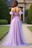 Load image into Gallery viewer, Lilac Lace Off the Shoulder Long Formal Dress with Ruffles