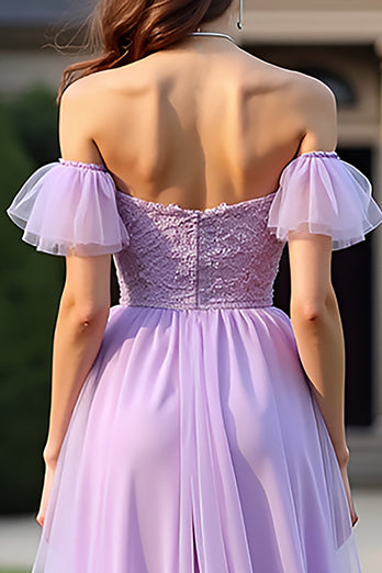 Lilac Lace Off the Shoulder Long Formal Dress with Ruffles