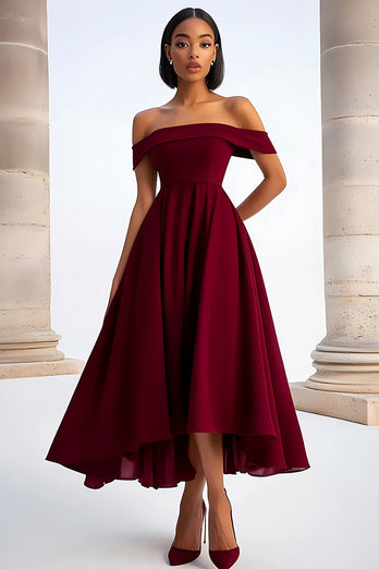 Burgundy A Line Ruched Tea-Length Formal Dress