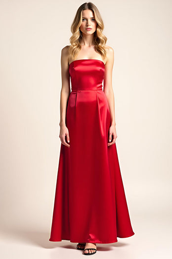 Red Square Neck Satin Backless Long Formal Dress