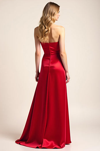 Red Square Neck Satin Backless Long Formal Dress