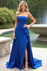 Load image into Gallery viewer, A Line Strapless Royal Blue Long Ruffled Formal Dress with Slit