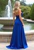 Load image into Gallery viewer, A Line Strapless Royal Blue Long Ruffled Formal Dress with Slit