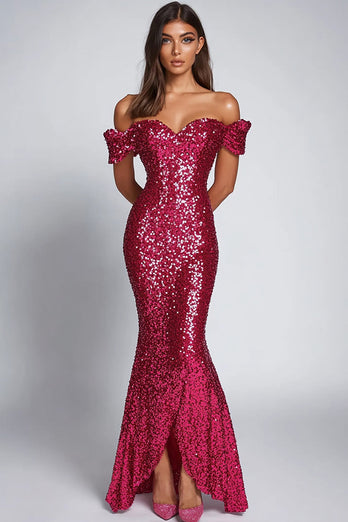 Sparkly Sweetheart Fuchsia Off the Shoulder Sequins Long Formal Dress