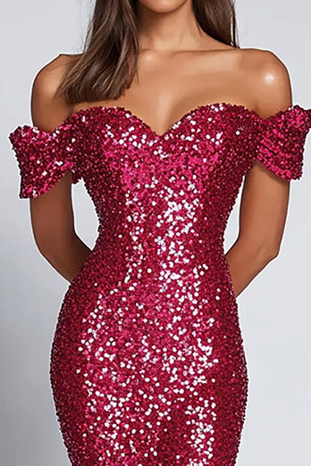 Sparkly Sweetheart Fuchsia Off the Shoulder Sequins Long Formal Dress