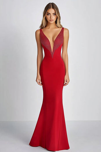 Red Sheath Deep V-Neck Long Formal Dress with Beading