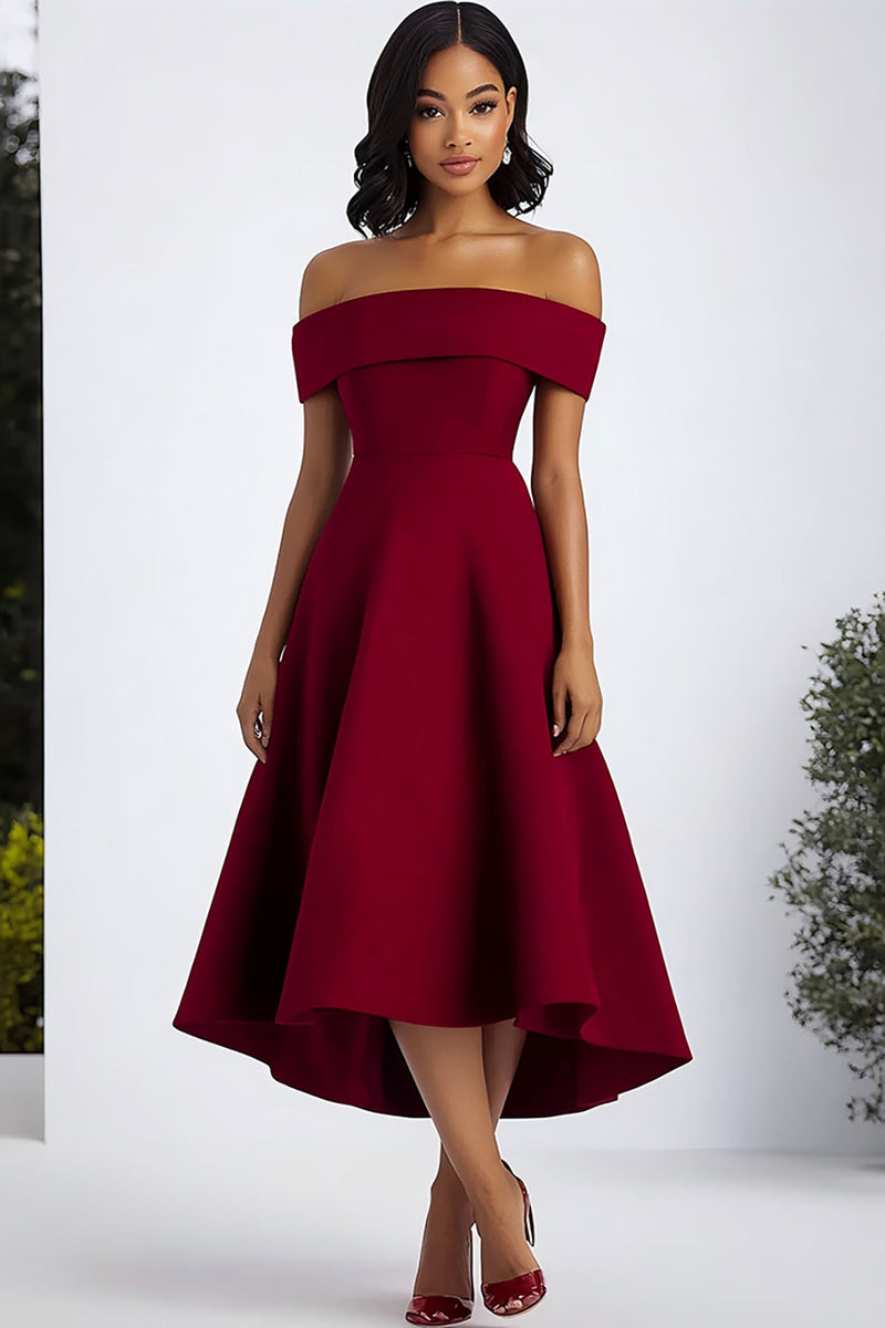 Load image into Gallery viewer, Burgundy A Line Off the Shoulder Tea Length Formal Dress