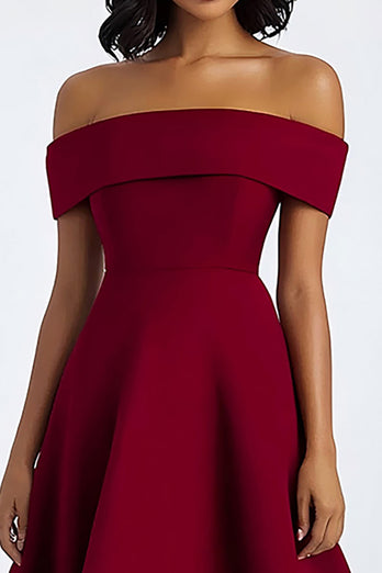 Burgundy A Line Off the Shoulder Tea Length Formal Dress