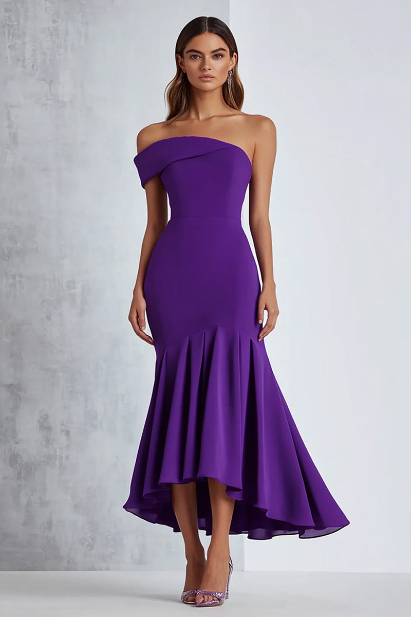 Load image into Gallery viewer, Plum Satin Off the Shoulder Tea Length Formal Dress