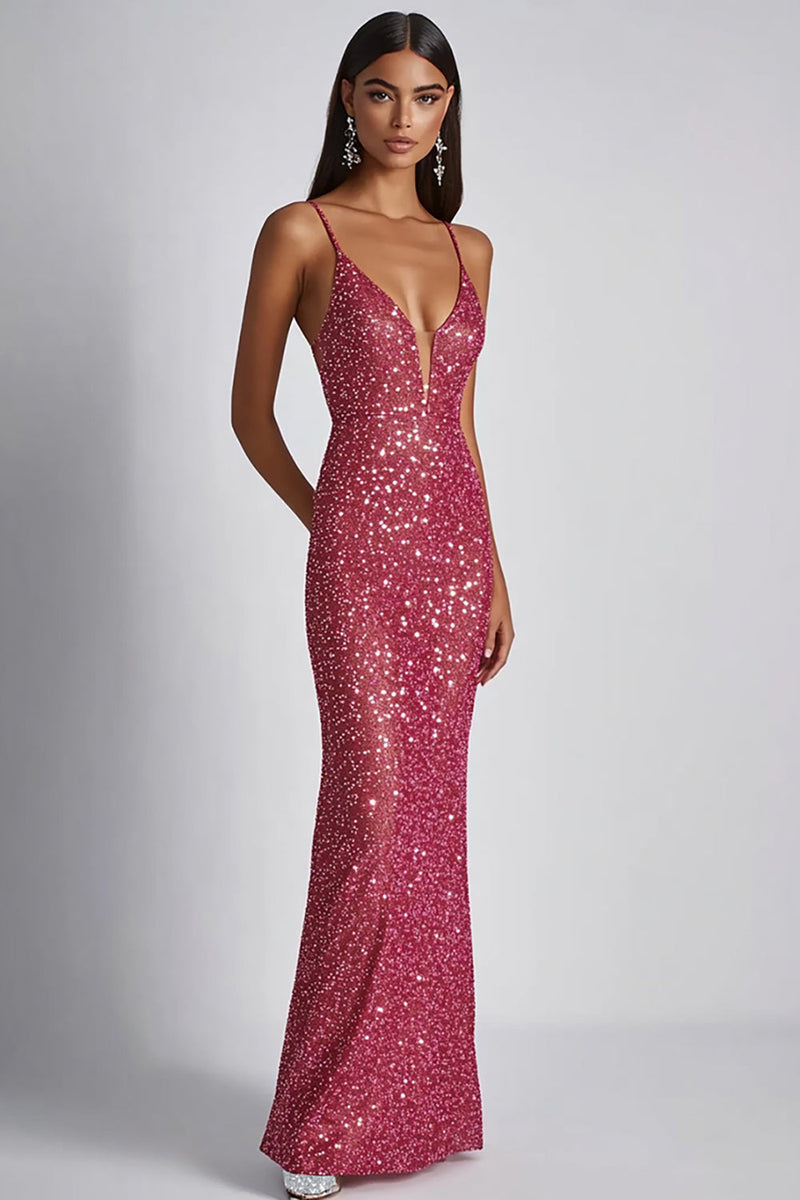 Load image into Gallery viewer, Sparkly Sheath Fuchsia Spaghetti Straps Long Formal Dress