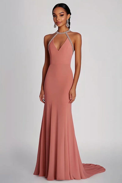 Halter Pink Neck Sheath Long Formal Dress with Beading