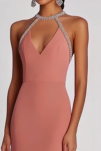 Halter Pink Neck Sheath Long Formal Dress with Beading