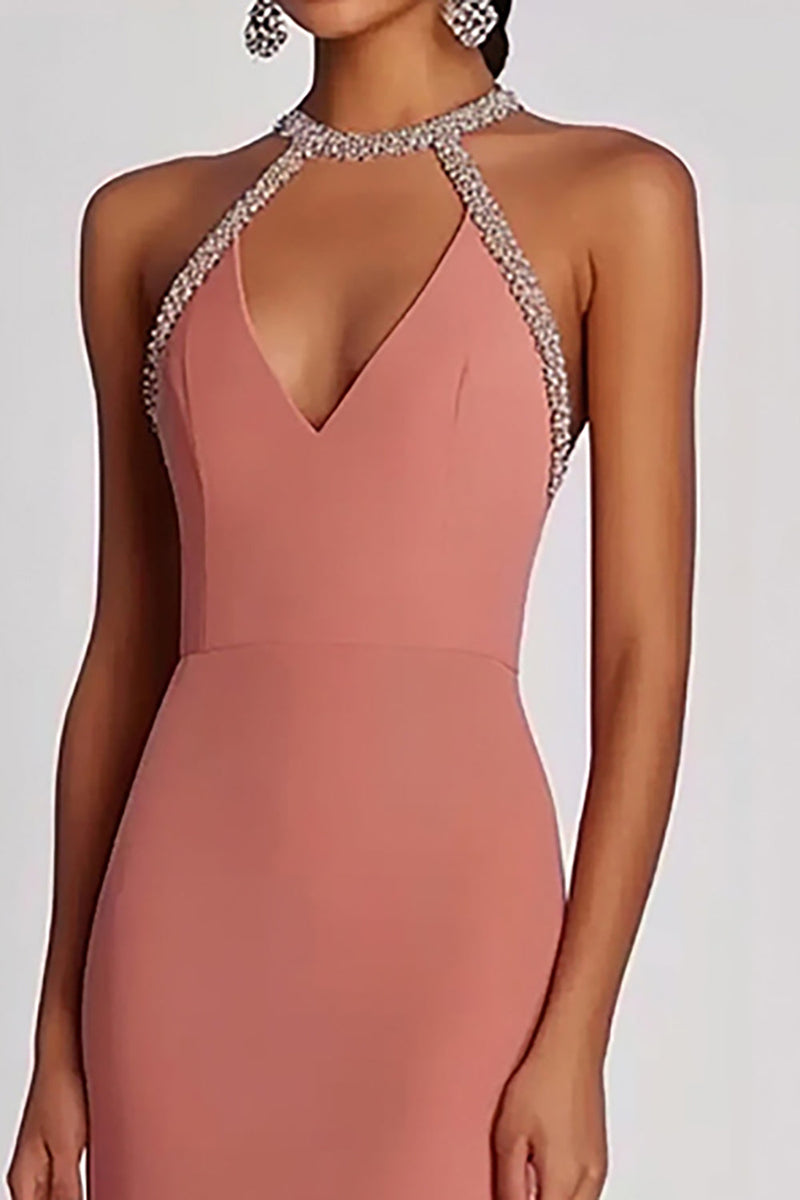 Load image into Gallery viewer, Halter Pink Neck Sheath Long Formal Dress with Beading