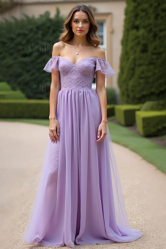 Sweetheart A Line Tulle Lilac Long Formal Dress with Ruffled Sleeves