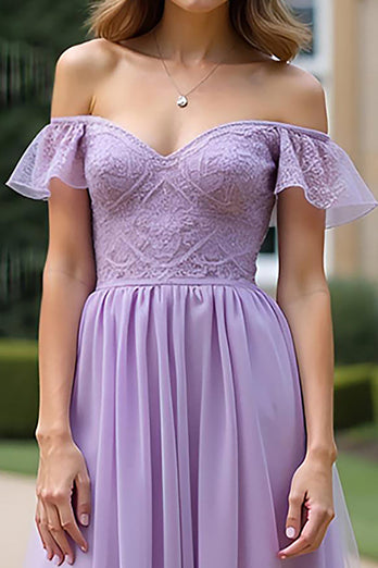 Sweetheart A Line Tulle Lilac Long Formal Dress with Ruffled Sleeves