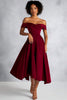 Load image into Gallery viewer, Burgundy A Line Tea Length Off the Shoulder Formal Dress