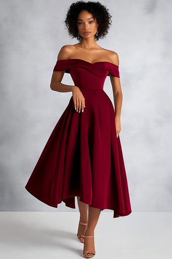 Burgundy A Line Tea Length Off the Shoulder Formal Dress