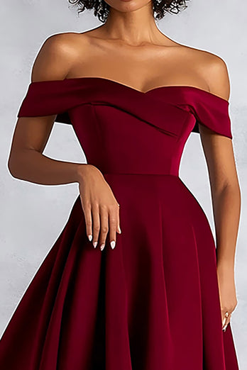 Burgundy A Line Tea Length Off the Shoulder Formal Dress