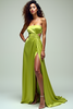 Load image into Gallery viewer, Lemon Green Ruched Strapless Long Formal Dress with Slit