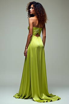 Lemon Green Ruched Strapless Long Formal Dress with Slit