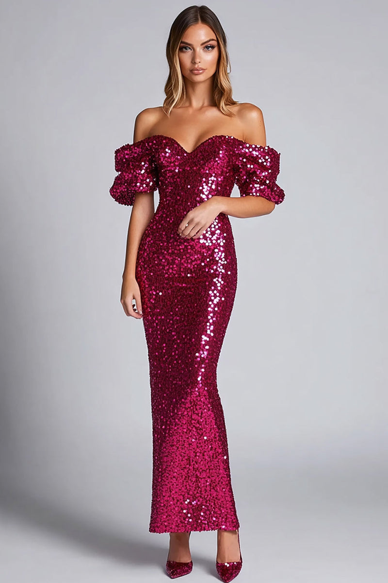 Load image into Gallery viewer, Sparkly Fuchsia Off the Shoulder Sheath Long Formal Dress