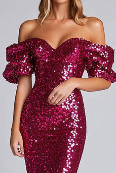 Sparkly Fuchsia Off the Shoulder Sheath Long Formal Dress