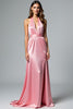 Load image into Gallery viewer, Pink Backless Halter Satin Long Formal Dress with Slit