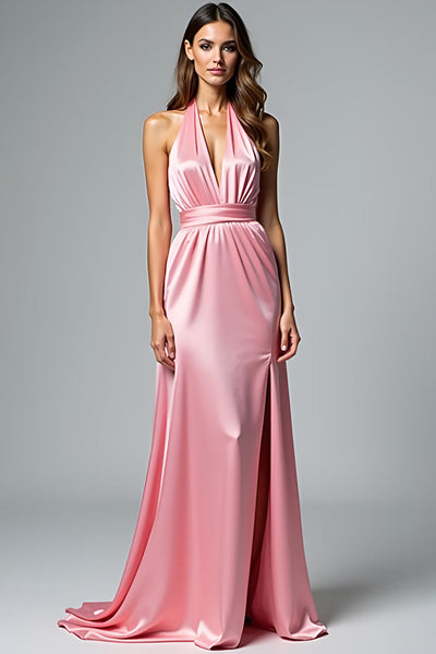 Pink Backless Halter Satin Long Formal Dress with Slit