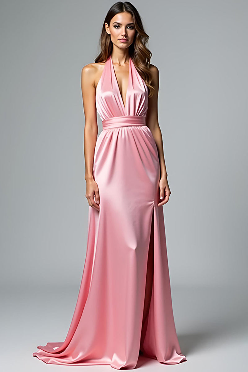 Load image into Gallery viewer, Pink Backless Halter Satin Long Formal Dress with Slit