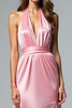 Load image into Gallery viewer, Pink Backless Halter Satin Long Formal Dress with Slit