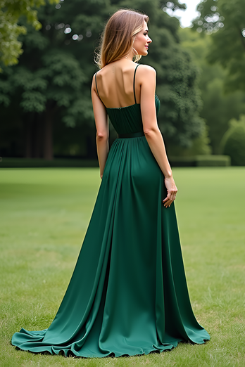 Dark Green Spaghetti Straps Square Neck Ruched Long Formal Dress