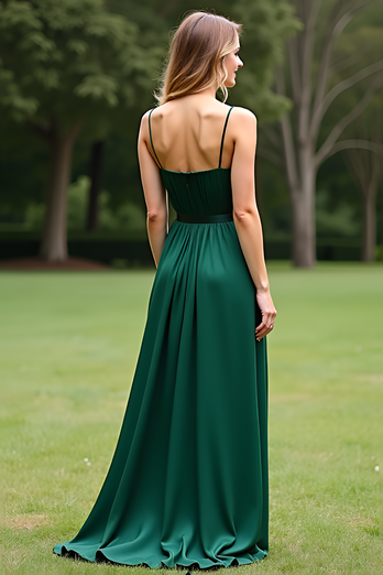 Dark Green Spaghetti Straps Square Neck Ruched Long Formal Dress