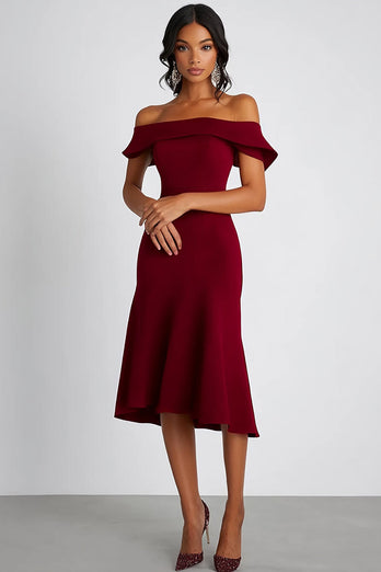 Burgundy Satin Off the Shoulder Knee Length Formal Dress