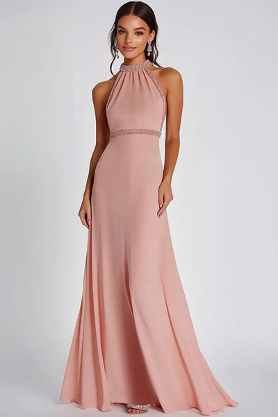 Pink Halter Neck Long Formal Dress with Beading