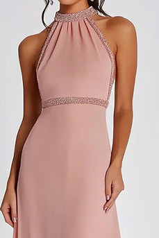 Pink Halter Neck Long Formal Dress with Beading