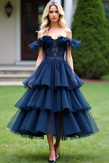 Lace Tulle Tiered Navy A Line Tea-Length Formal Dress with Ruffles