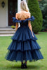 Load image into Gallery viewer, Lace Tulle Tiered Navy A Line Tea-Length Formal Dress with Ruffles