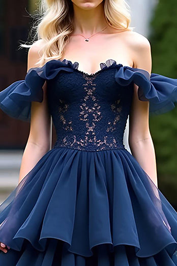 Lace Tulle Tiered Navy A Line Tea-Length Formal Dress with Ruffles