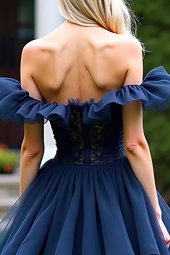 Lace Tulle Tiered Navy A Line Tea-Length Formal Dress with Ruffles