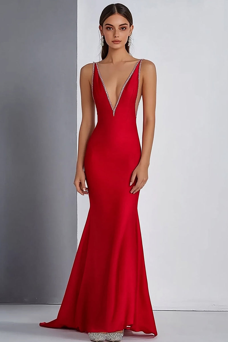 Load image into Gallery viewer, Red Mermaid Deep V-Neck Long Formal Dress with Beading