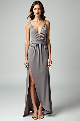 Grey Sheath Spaghetti Straps Long Formal Dress with Slit