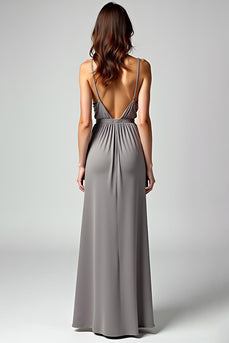 Grey Sheath Spaghetti Straps Long Formal Dress with Slit