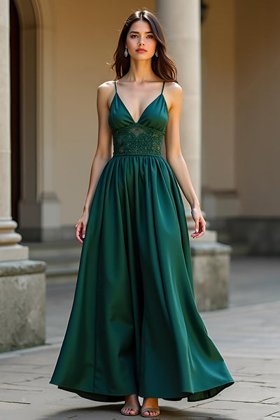 Dark Green A Line Satin Backless Long Formal Dress