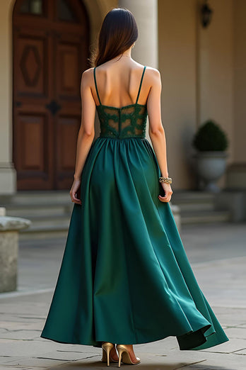 Dark Green A Line Satin Backless Long Formal Dress