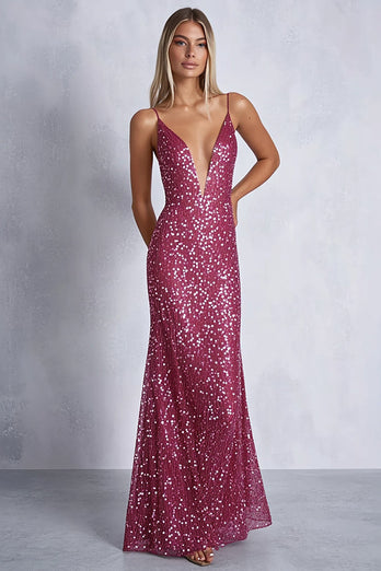 Sparkly Fuchsia Sheath Deep V-Neck Long Prom Dress