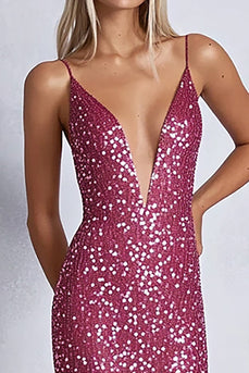 Sparkly Fuchsia Sheath Deep V-Neck Long Prom Dress